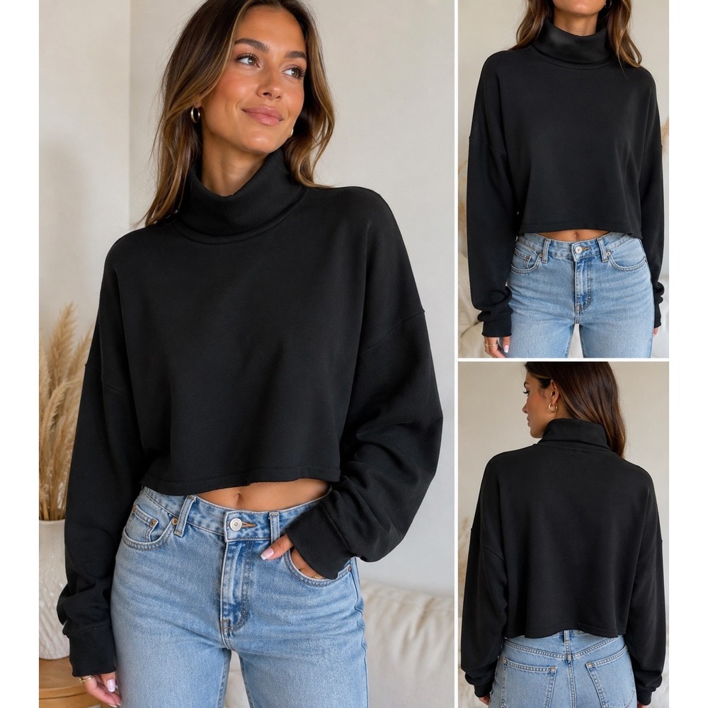 American Eagle Black Turtleneck Cropped Sweatshirt Ahh-Mazingly Soft XS